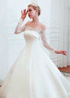 Shop Cheap Off The Shoulder Long Sleeves Ball Gown Lace & Satin Wedding Dress