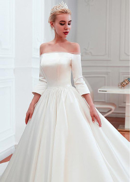 Shop Cheap 3/4 Sleeves Off-The-Shoulder Ball Gown Satin Wedding Dress