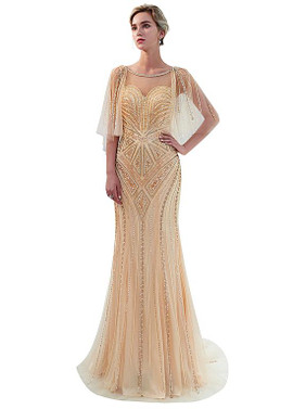 Tulle Jewel Neckline Silver Cap Sleeves Mermaid Formal Dress 