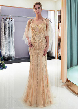 Tulle Jewel Neckline Silver Cap Sleeves Mermaid Formal Dress 