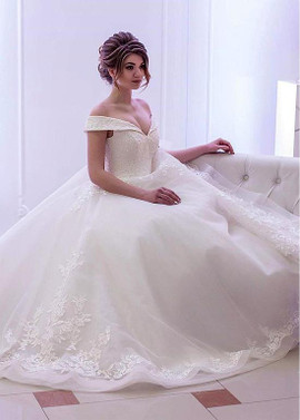 Shop Elegant Tulle Off-the-shoulder Long Sleeves Ball Gown Wedding Dresses With Rhinestones
