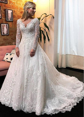 Shop Cheap Beading Lace Appliques Tulle V-neck Long Sleeves A-line Wedding Dress