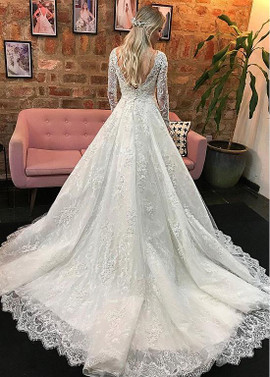 Shop Cheap Beading Lace Appliques Tulle V-neck Long Sleeves A-line Wedding Dress