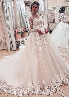 Cheap 2020 Long Sleeves A-line Tulle Jewel Wedding Dress With Lace Appliques