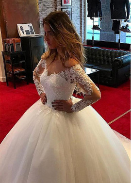 Shop Cheap Tulle Scoop Beading Ball Gown Wedding Dress With Appliques