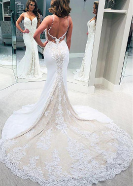 Cheap Shop Spaghetti Straps Lace Appliques Sheath/Column Wedding Dress