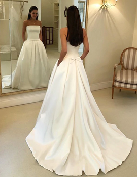 Shop Cheap A-line Strapless Satin Draped Bridal Wedding Dress Bow Sashes