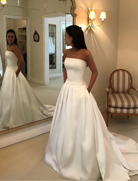 Shop Cheap A-line Strapless Satin Draped Bridal Wedding Dress Bow Sashes