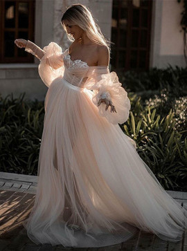 Shop Cheap Off Shoulder Long Sleeves Pearl Pink Tulle Wedding Dress with Appliques