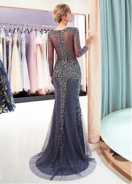 Beading  Scoop Silver Long Sleeve Mermaid Formal Dress