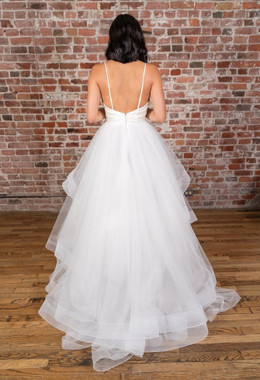Shop Cheap A-line V-neck Straps White Satin Wedding Dress with Cascading Ruffles