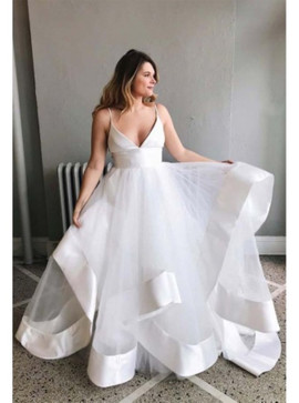 Shop Cheap A Line V-neck White Organza Wedding Dress with Ruffles