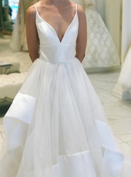 Shop Cheap A Line V-neck White Organza Wedding Dress with Ruffles
