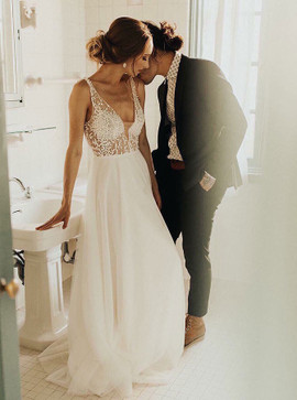 Shop Cheap A-Line V-Neck Backless Low Cut Tulle Wedding Dress with Pearls