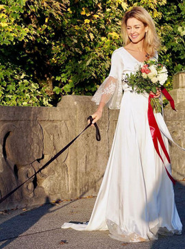 Shop Cheap A-Line V-Neck Long Sleeves Satin Wedding Party Dress with Lace