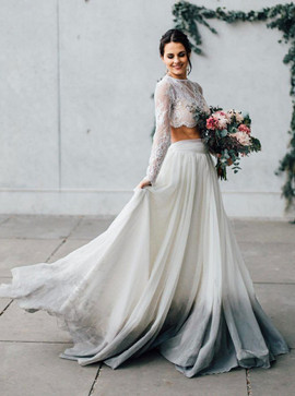 Shop Cheap Two Piece Jewel Grey Dyed Chiffon Wedding Dress with Long Sleeves