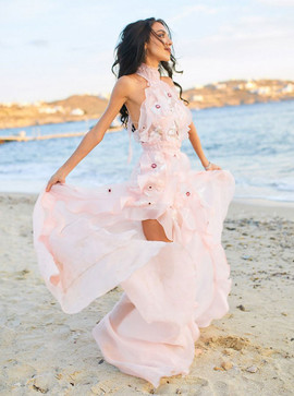 Cheap Shop A-Line Halter Backless Pink Chiffon Wedding Dress with Ruffles Appliques Split