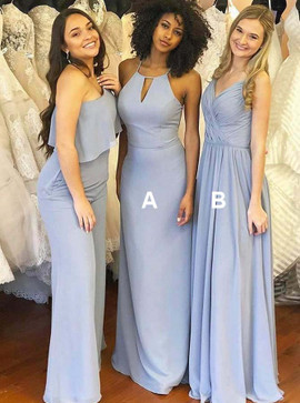 Blue Chiffon Sheath Jewel Bridesmaid Dress with Keyhole