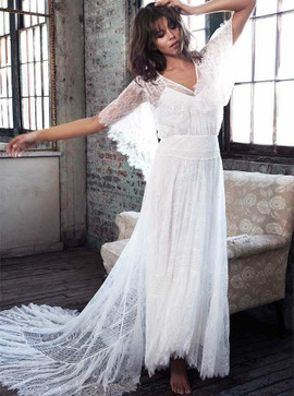 Cheap New A-Line V-Neck Court Train Lace Boho Beach Wedding Dress