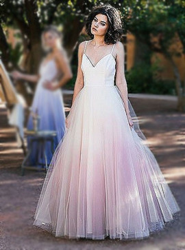 Shop Cheap A-Line Spaghetti Straps Blush Dyed Tulle Wedding Dress