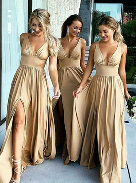 V-Neck Satin Long Champagne Bridesmaid Dress with Split