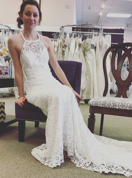 Shop Cheap Sheath Halter Sleeveless Sweep Train Lace Wedding Dress