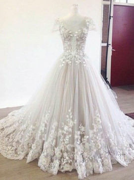 Cheap New Arrival A-Line Round Cap Sleeves Light Champagne Wedding Dress with Appliques