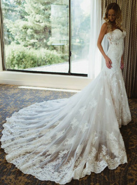 Shop Cheap Mermaid Sweetheart Court Train Wedding Dress with Lace Appliques