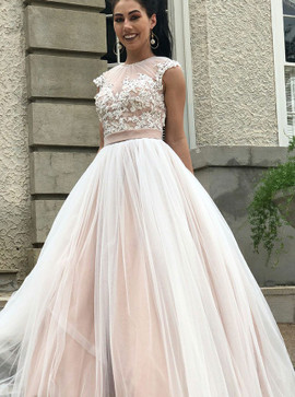 Shop Cheap A-Line Round Neck Open Back Tulle Wedding Dress with Appliques Beading
