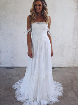 Shop Cheap A-Line Off-the-Shoulder Lace Beach Wedding Dress with Appliques