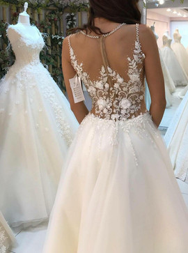 Shop Cheap A-Line Ronnd Neck Sweep Train Wedding Dress with Appliques