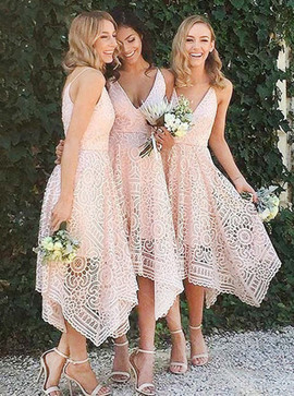 High Low V-Neck Asymmetrical Pearl Pink Lace Bridesmaid Dress