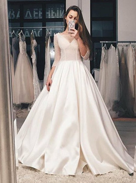 Shop Cheap A-Line Bateau 3/4 Sleeves Sweep Train Wedding Dress with Beading