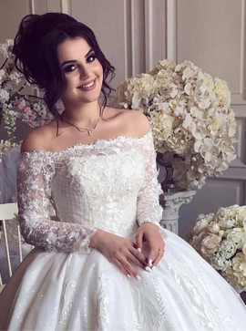 Shop Cheap Ball Gown Off-the-Shoulder Long Sleeves Wedding Dress with Appliques