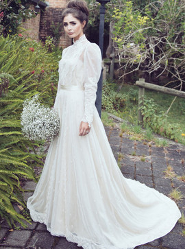 Shop Cheap A-Line High Neck Long Sleeves Lace Wedding Dress with Appliques