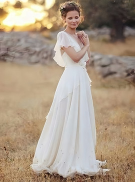 Shop Cheap A-Line V-Neck Chiffon Beach Wedding Dress with Appliques Ruffles