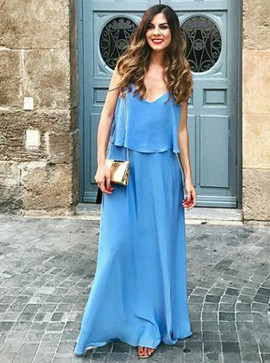 Elegant Long Blue Chiffon Spaghetti Straps Bridesmaid Dress