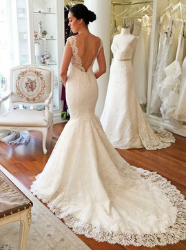 Cheap Backless Mermaid V-Neck Court Train Lace Wedding Dress with Appliques