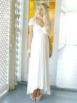 Shop Cheap A-Line Square Neck Cap Sleeves Beach Chiffon Wedding Dress