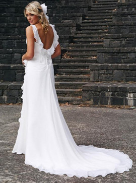 Cheap Long A-Line Scoop Court Train Chiffon Beach Wedding Dress with Ruffles