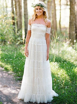 Cheap Long A-Line Strapless Short Sleeves Lace Beach Wedding Dress