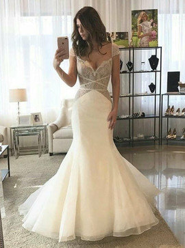 Shop Cheap Mermaid Scalloped-Neck Cap Sleeves Sweep Train Tulle Wedding Dress with Lace