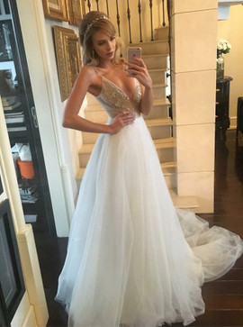 Shop Cheap A-Line Spaghetti Straps Court Train Tulle Wedding Dress with Beading