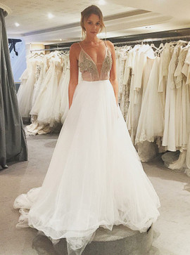 Shop Cheap A-Line Spaghetti Straps Court Train Tulle Wedding Dress with Beading