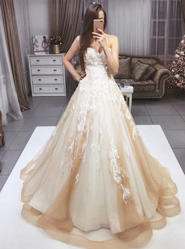 Shop Cheap Champagne A-Line Sweetheart Sweep Train Tulle Wedding Dress with Appliques