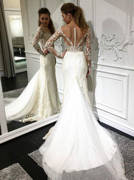 Shop Cheap Mermaid Round Neck Long Sleeves Lace Wedding Dress with Appliques