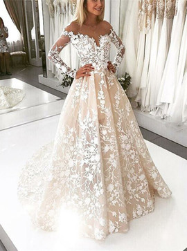 Cheap Champagne A-Line Illusion Bateau Long Sleeves Backless Ivory Lace Wedding Dress