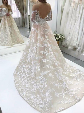 Cheap Champagne A-Line Illusion Bateau Long Sleeves Backless Ivory Lace Wedding Dress