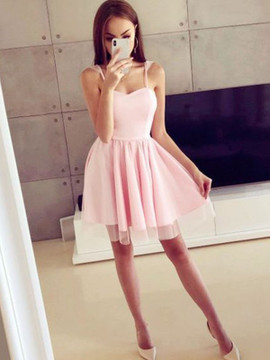 Shop Cheap Satin Spaghetti Straps Ruched Pink Short/Mini Homecoming Dress