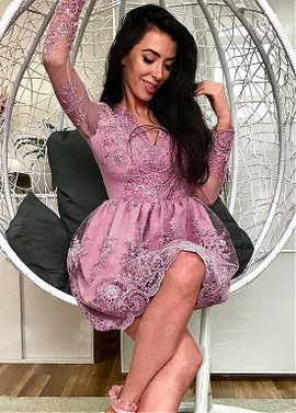 Shop Cheap Pink Long Sleeve Tulle V-neck Lace Appliques Short A-line Homecoming Dress